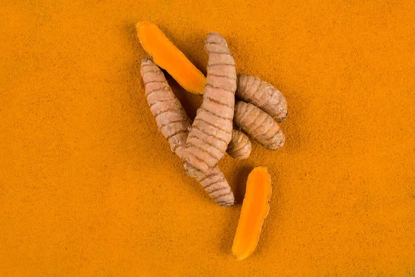 Akar Curcumin Dan Latar Belakang Rempah Rempah Kunyit Dari Atas — Stok Foto