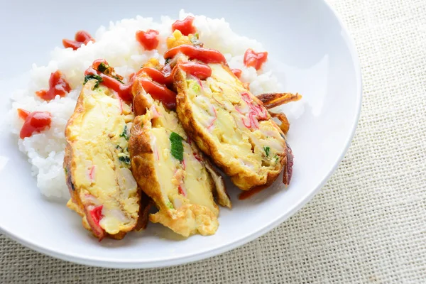 Sliced omelette with soft tofu, crab stick and spring onion with