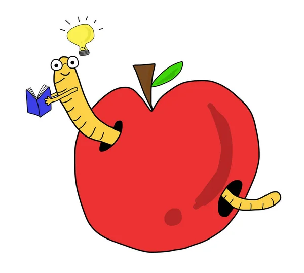 Worm reading book in red apple — Stock Photo, Image
