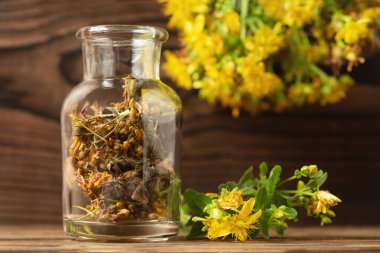 Homeopati ve bitkisel tedavi kavramı - kurutulmuş Hypericum perforatum tutsan ya da şişedeki Saint-Johns-wort olarak bilinir.