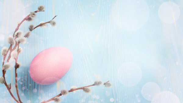 Un huevo rosado en una mesa de madera azul con ramitas de sauce-coño - espacio en blanco horizontal para el diseño o la tarjeta de felicitación, lugar para el texto, espacio de copia Imagen De Stock
