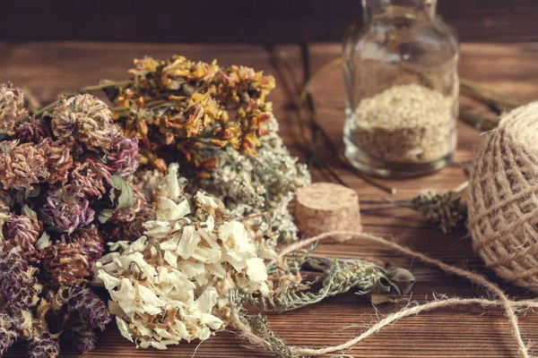 Drying and harvesting of medicinal herbs, homeopathy and alternative medicine concept — Stock Photo, Image