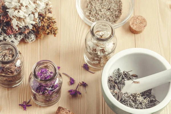 Drying and harvesting of medicinal herbs, homeopathy and alternative medicine concept — Stock Photo, Image