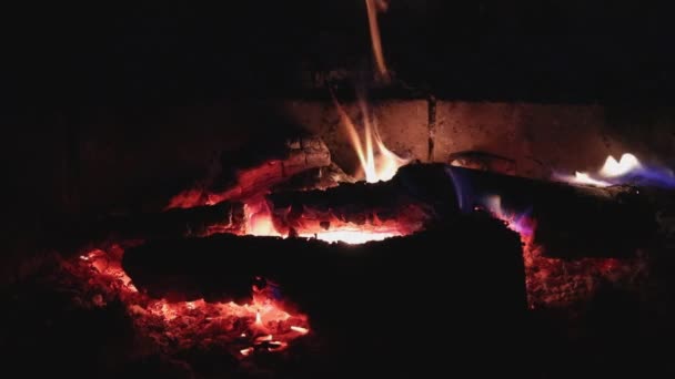 Burning firewood in a red brick fireplace close-up — 비디오