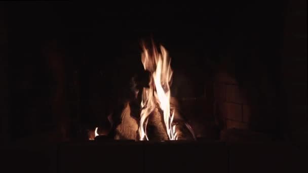 Flamme brûlante dans une cheminée en brique rouge dans une maison de campagne le soir — Video