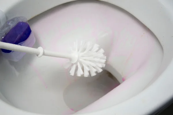 Eine Frau reinigt eine Toilette im Badezimmer mit einer Schrubber-Bürste — Stockfoto