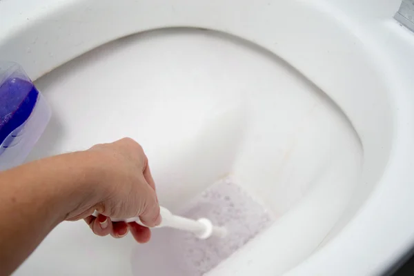 Une femme nettoie une toilette de salle de bain avec une brosse à gommage — Photo