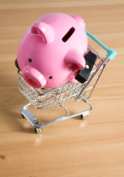 Piggy bank op een miniatuur winkelwagen — Stockfoto