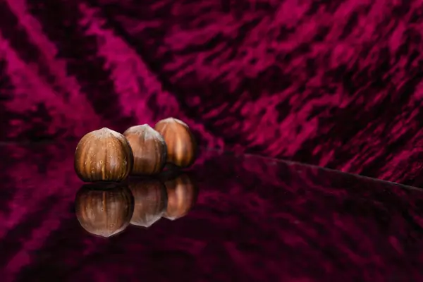 Hazelnuts on a maroon background — 스톡 사진