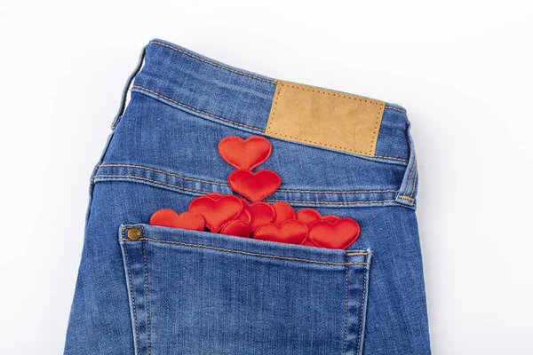 Set Red Hearts Blue Jeans Pocket White Background Romantic Surprise — Stock Photo, Image