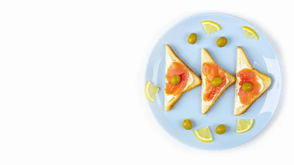 Appetizer Open Sandwich Salmon Blue Plate White Background Traditional Italian — Stock Photo, Image