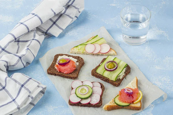 샌드위치입니다 배경의 연어와 채소가 있습니다 전통적 이탈리아식 간식이나 스칸디나비아식 가까이 — 스톡 사진