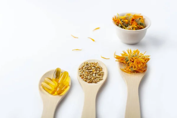 Herbal Capsule Natural Vitamins Dry Calendula Flowers Wooden Spoon White — Stock Photo, Image