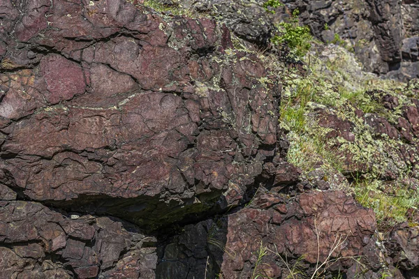 天然石のテクスチャは 大きな暗褐色の岩 自然な背景 苔と地衣類が岩の上に — ストック写真