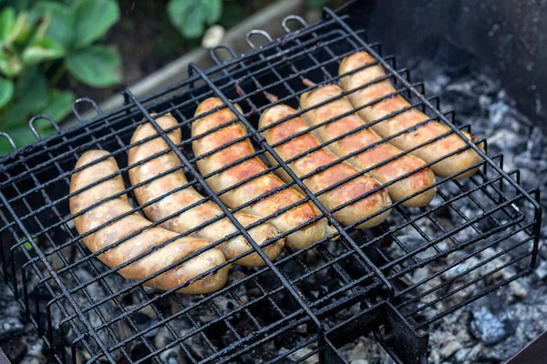 Açık Havada Barbekü Izgarasında Bavyera Sosisi Pişirmek Piknik Dışarıda Yemek — Stok fotoğraf