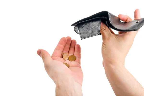 Αρσενικό Χέρι Ανοίγοντας Ένα Πορτοφόλι Και Μετρήστε Κέρματα Χρήματα Που — Φωτογραφία Αρχείου