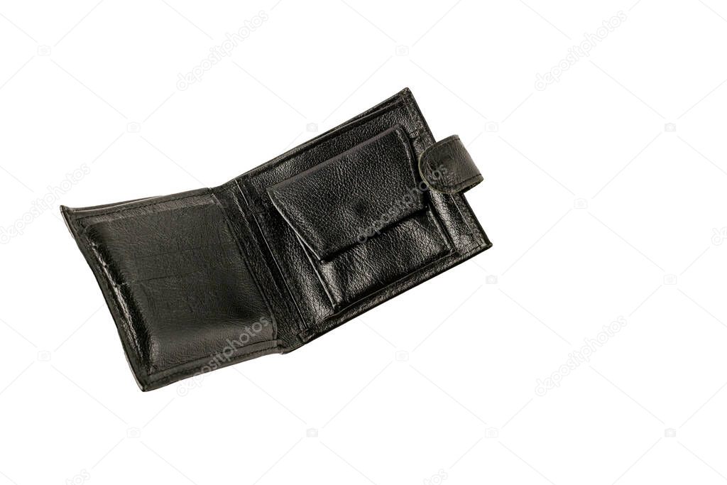 A opened empty black wallet as symbol financial problem jobless, bankruptcy isolated on white background. World economic crisis.  concept. Copy space for text