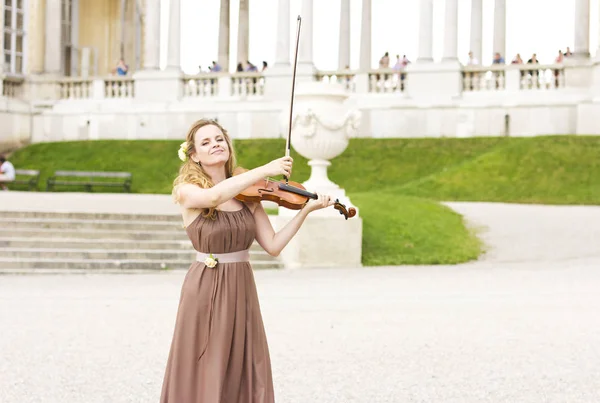美丽的微笑的女孩 在户外的小提琴演奏 婚礼的音乐家 小提琴在开阔的天空下 — 图库照片