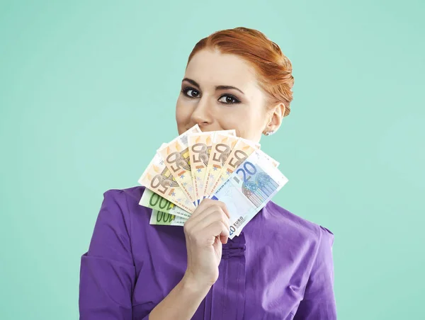 Mulher Jovem Segurando Dinheiro Euro — Fotografia de Stock