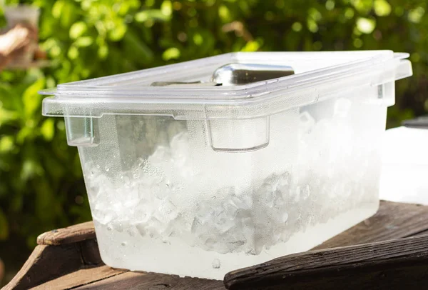 Transparent box with ice. Ice cubes.