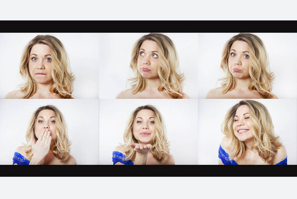 Photo collage of a cute girl. Women's emotions. Acting skills. Isolated portrait of a beautiful smiling woman.