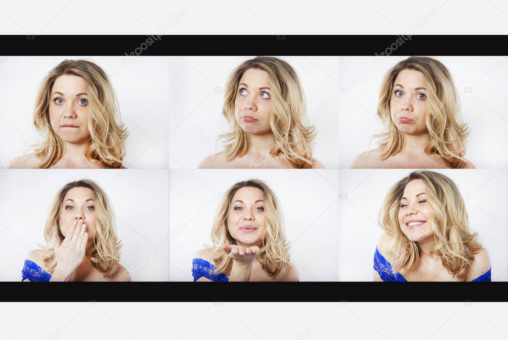 Photo collage of a cute girl. Women's emotions. Acting skills. Isolated portrait of a beautiful smiling woman.