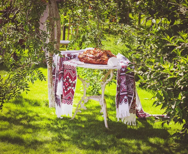 Comida Tradicional Ucraniana Para Boda Pan Rushnyk Bordado —  Fotos de Stock