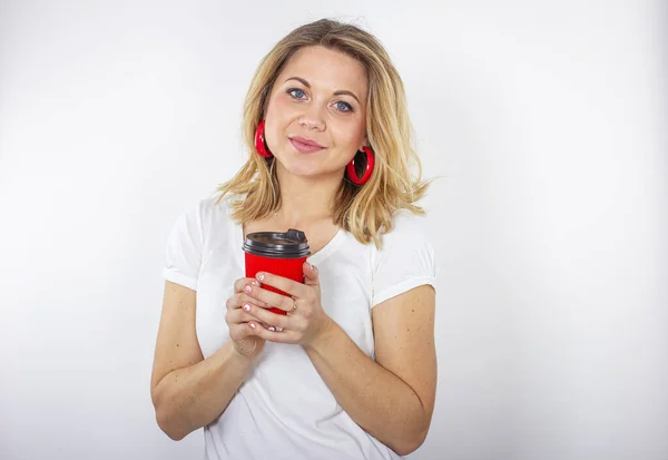 Isolated Portrait Smiling Girl Red Cup Her Hands Girl Cup — Stock Photo, Image