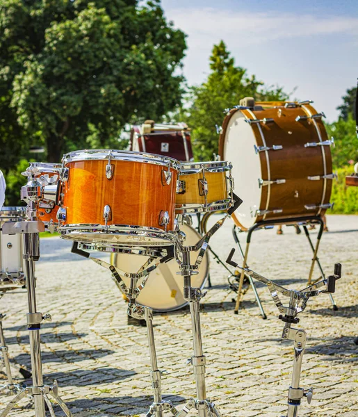 Percussion instruments outdoors. The big drum. Drums Stock Image