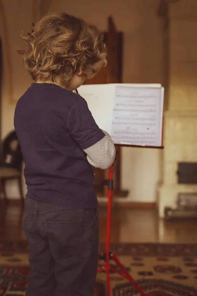 Evde Küçük Bir Çocuk Keman Çalar Çocuk Müzik Öğreniyor — Stok fotoğraf