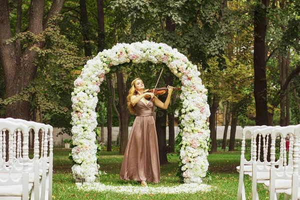 Beautiful Young Girl Plays Violin Girl Long Hair Plays Violin — Stock Photo, Image