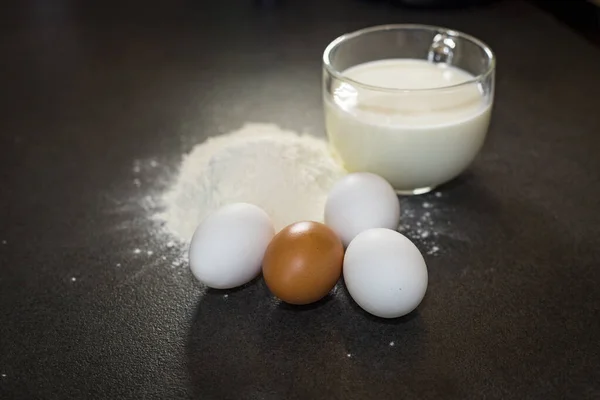 Ingredients Baking Black Background Ingredients Dough Eggs Milk Flour — Stock Photo, Image