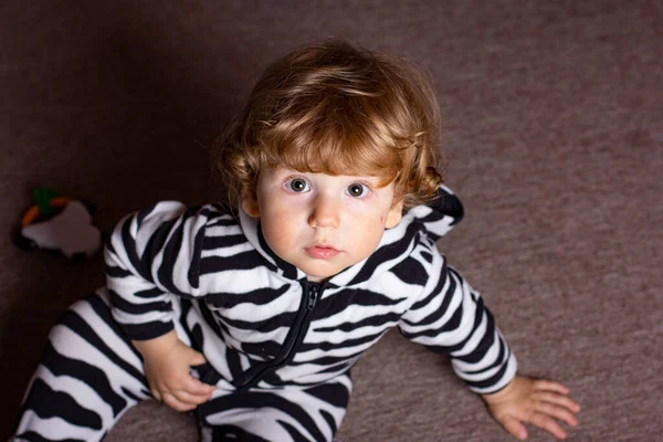 Ein Kind Zebrakostüm Kleiner Junge Spielt Einem Dunklen Raum Baby — Stockfoto