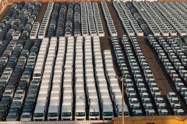 Satılık bir sürü araba var. Otopark.