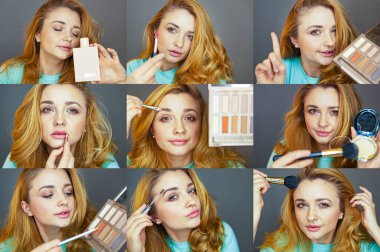 Beauty blogger is testing makeup. A young girl advises makeup.Girl shows how to apply makeup. Collage of nine photos of one girl. clipart