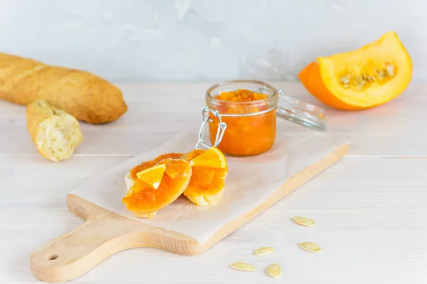 Sandwiches Pumpkin Orange Jam Wooden Board — Stock Photo, Image