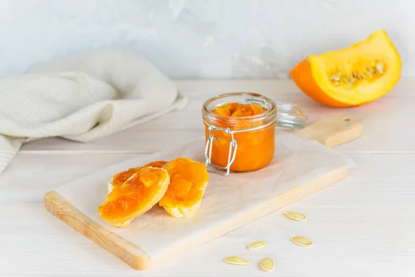 Sandwiches Pumpkin Orange Jam Wooden Board — Stock Photo, Image