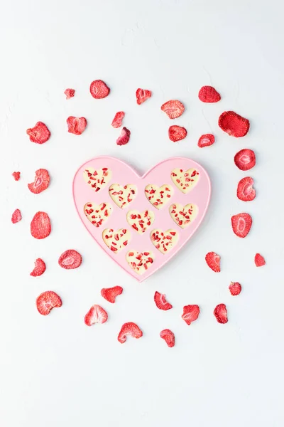 Heart Candy Made White Chocolate Dried Strawberries Valentine Day — Stock Photo, Image
