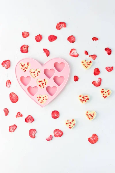 Heart Candy Made White Chocolate Dried Strawberries Valentine Day — Stock Photo, Image