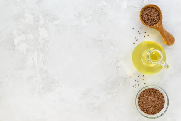 Flaxseed Oil Gray Table Copy Space Top View — Stock Photo, Image