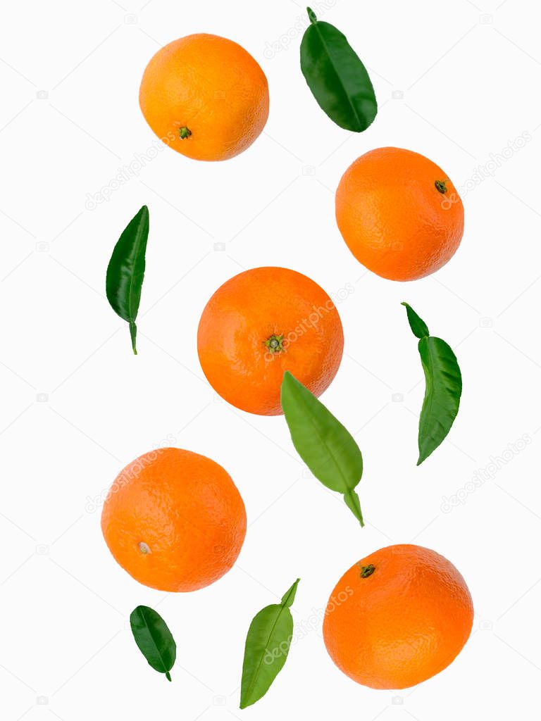Flying orange mandarins on a white background.