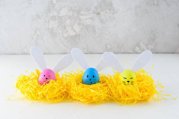 Easter bunnies from eggs in the nests. Easter rabbits.