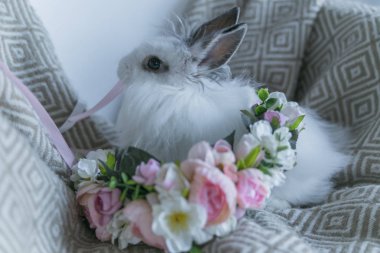 Sıcak bir battaniyede çiçekleri olan küçük tüylü siyah beyaz tavşan.