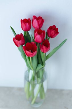 Cam vazoda kırmızı laleler ve masada su.