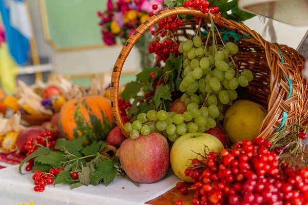 fruits in a wicker basket grapes, apples, red viburnum, nuts in a wicker basket on the table