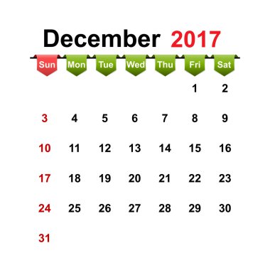 Vektör basit takvim 2017 yıl Aralık ay.