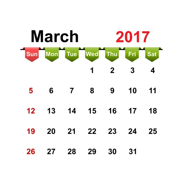 Vetor calendário simples 2017 ano março mês . — Vetor de Stock