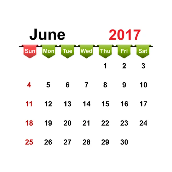 Vektor einfacher Kalender 2017 Jahr Juni Monat. — Stockvektor