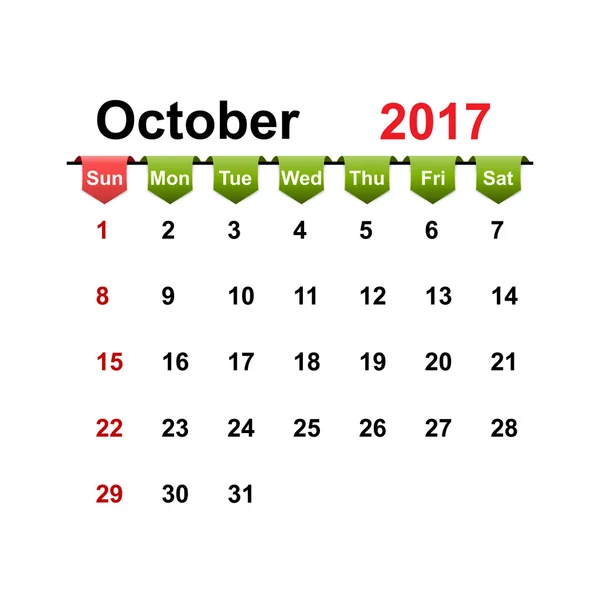 Calendario semplice vettoriale 2017 anno ottobre mese . — Vettoriale Stock