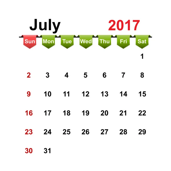 矢量简单日历 2017 年 7 月个月. — 图库矢量图片